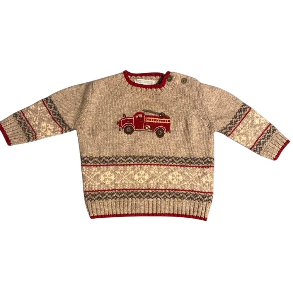 Janie and Jack Baby Boys Fire Truck Fair Isle Wool Blend Sweater 6-12 Months Tan